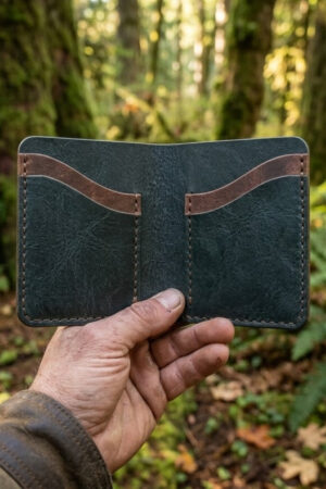 Hakiki Deri Mini Petrol Yeşili Cüzdan – Minimalist Katlanır Tasarım El Yapımı Kartlık